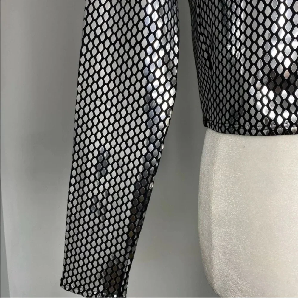 NWT Zara Woman Honeycomb Sweater Metallic Silver Shiny Black Top Size S Small - Picture 10 of 11